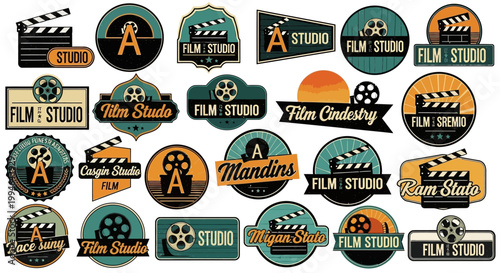 Film studio labels and clapper boards.