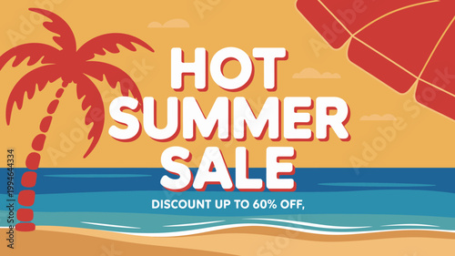 A vibrant summer sale advertisement features a tropical beach scene with a palm tree ocean waves and a red beach umbrella high quality professional detailed modern