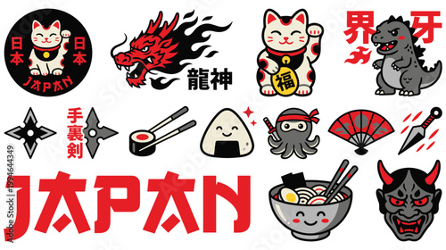 Japan culture vector sticker set with dragon cat and ramen bowl art.