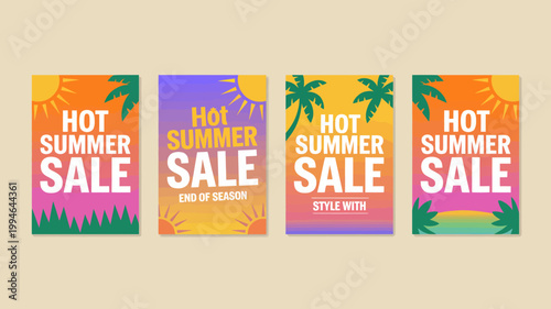 Four vibrant promotional graphics announce a hot summer sale with tropical imagery and colorful gradients for end of season deals high quality professional detailed modern elegant