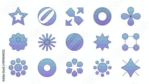An assortment of geometric shapes in shades of blue and purple are displayed against a clean white background offering a playful design high quality professional detailed