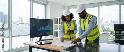 Two engineers meticulously analyze blueprints, a computer screen displays charts and figures, with solar panels visible in the background, signifying sustainability and innovative design.