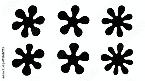 A minimalist composition features six black organic shapes resembling stylized flowers or starbursts against a clean white background high quality professional detailed modern elegant stylish crisp