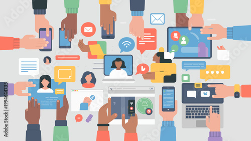 Photos A diverse group of hands interacts with various digital devices and social media