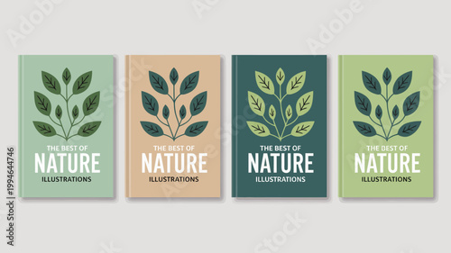 Four book covers are displayed each featuring botanical illustrations of leaves and the repeating phrase the nature of illustrations high quality professional detailed modern elegant stylish