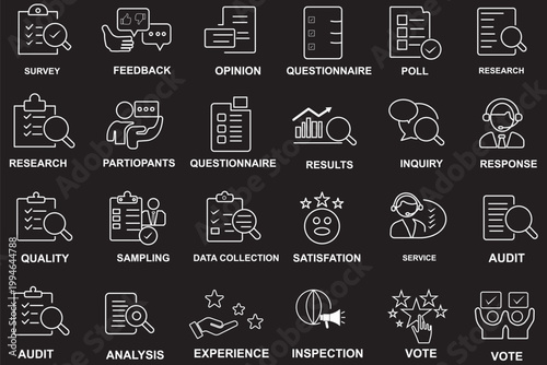 Survey icon set. Feedback and review symbol collection. Opinion, satisfaction, research, questionnaire, poll.