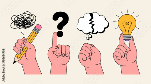 This illustration depicts the progression from confusion and questioning to a breakthrough idea symbolized by a bright lightbulb high quality professional detailed modern elegant stylish clean