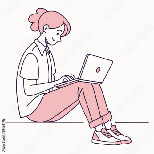 A woman sits on the floor with a laptop in a minimalist vector illustration