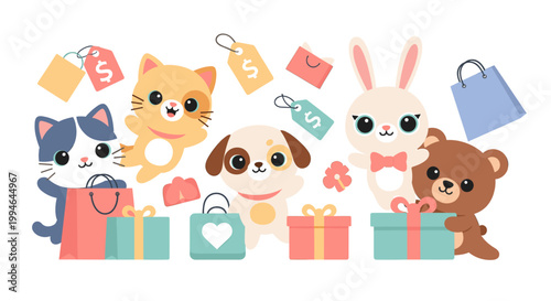 Cute cartoon cat playfully holding a shopping bag, conveying a cheerful and consumerist mood. Perfect for marketing, blog posts, or social media conte