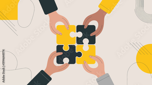 Four hands collaboratively connect four puzzle pieces two yellow and two black symbolizing teamwork and connection in a minimalist style high quality professional detailed modern elegant