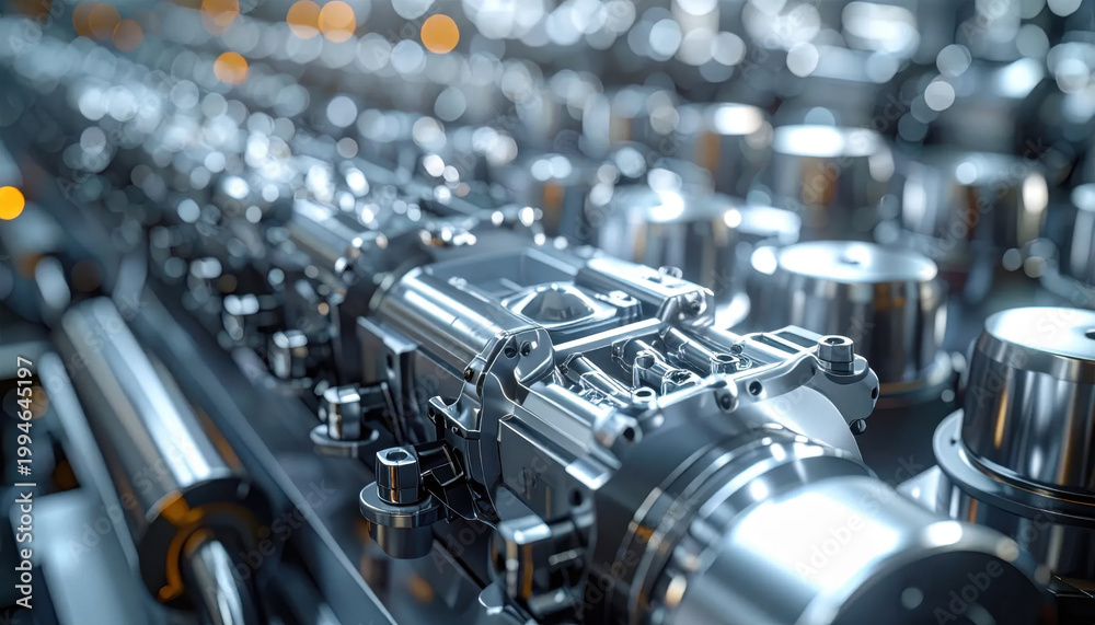 Naklejka premium Industrial machine component, metal engine, close up, steel part, mechanical assembly