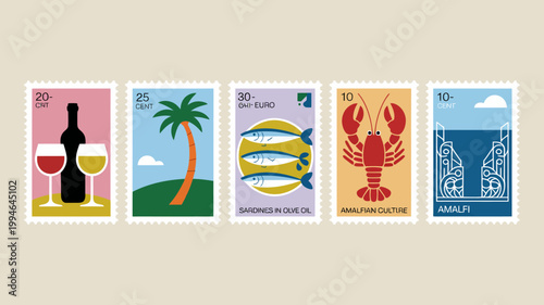 A collection of five postage stamps each featuring a vibrant illustration representing different aspects of mediterranean life and culture high quality professional detailed modern elegant stylish