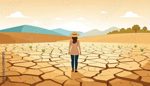 Dry cracked desert landscape with woman walking under hot sky