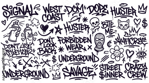 Street art graffiti style typography and design elements line art vector.