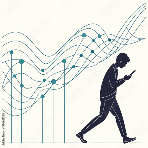 A minimalist vector graphic illustration of a man walking while looking at his phone with a wavy line graph in the background