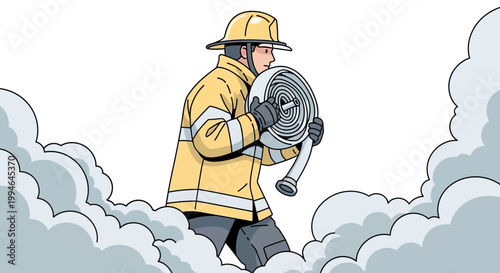 Firefighter carrying a rolled hose.