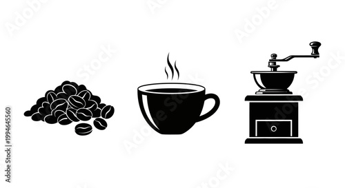 Coffee beans, cup and grinder icons.