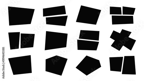 An abstract composition of black geometric shapes against a stark white background featuring varied rectangles and polygons high quality professional detailed modern elegant stylish clean crisp