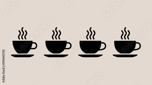 A minimalist illustration displays four black coffee cups in a row each with rising steam against a pale beige background high quality professional detailed modern elegant