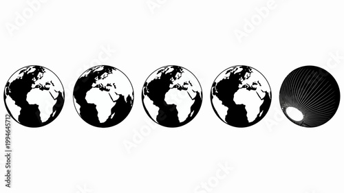 A series of five circular images depicts the phases of a solar eclipse progressing from full earth to total darkness high quality professional detailed modern elegant