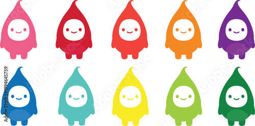 Cute Colorful Cartoon Characters Set with Simple Kawaii Creatures in Bright Rainbow Variations for Kids Design, Stickers, and Vector Illustration Collection.