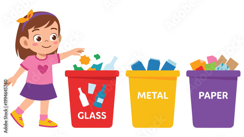 Little girl sorting trash into color coded recycle bins for sustainability.