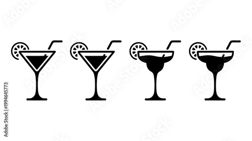 A minimalist depiction showcases five martini glasses each garnished with a citrus slice arranged in a neat horizontal row high quality professional detailed modern elegant stylish