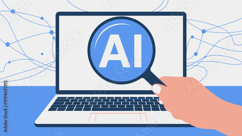 An illustration depicts a hand using a laptop with the screen displaying a magnifying glass over the letters ai representing artificial intelligence high quality professional detailed