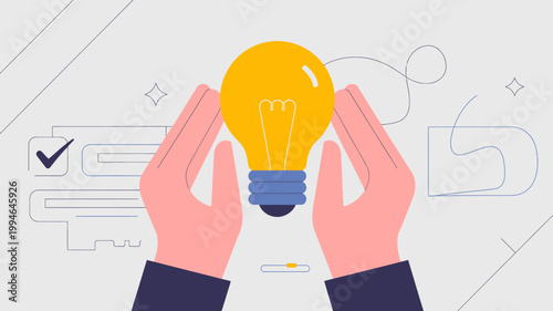 An illustration depicts two hands gently cradling a glowing lightbulb symbolizing care innovation and the nurturing of bright ideas high quality professional detailed modern elegant stylish