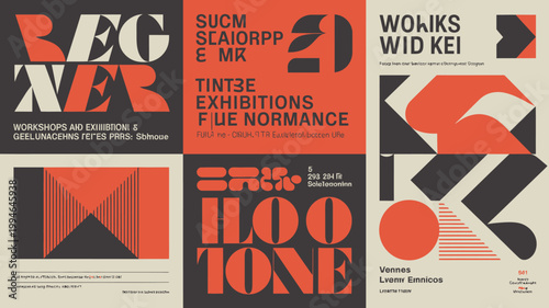 A collage of six abstract geometric posters featuring bold typography and a striking red and black color scheme high quality professional detailed modern elegant stylish clean