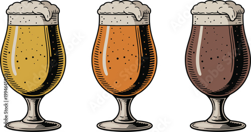 Craft beer glasses set hand drawn vintage style ale lager stout vector illustration collection