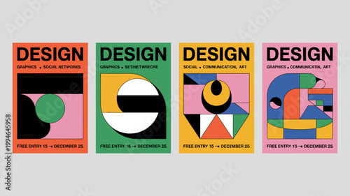 A series of four brightly colored posters each displaying the word design in bold text with abstract geometric shapes high quality professional detailed modern elegant stylish