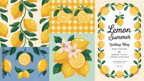 A vibrant collage featuring lemons lemon slices leaves and blossoms displayed on checkered and solid backgrounds high quality professional detailed modern elegant stylish clean crisp colorful