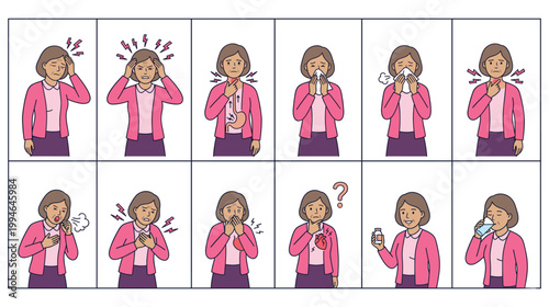 Woman medical health problem icon set sick with symptoms and diseases colored.