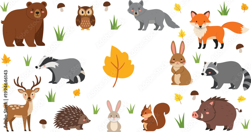 Fototapeta premium Cute Forest Animals Collection with Bear, Fox, Wolf, Raccoon, Deer, Hedgehog, and Woodland Elements for Kids Design and Vector Illustration Set.