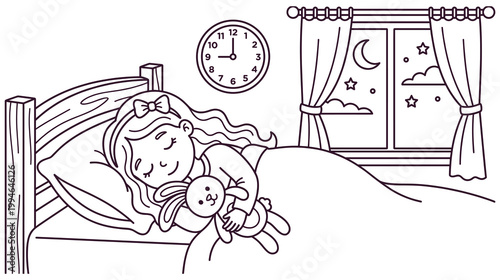 Little girl sleeping in bed at night holding her white rabbit toy outline.