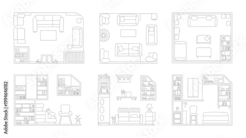 A minimalist architectural plan displays top down views of various room layouts including living rooms bedrooms and storage spaces high quality professional detailed modern elegant stylish