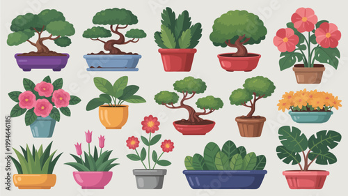 A vibrant collection of potted bonsai trees and colorful flowering plants are arranged on a neutral light colored background high quality professional detailed modern elegant stylish