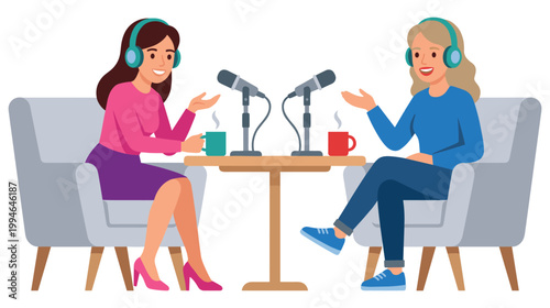 Two women podcasting interview with microphones and headphones at table.