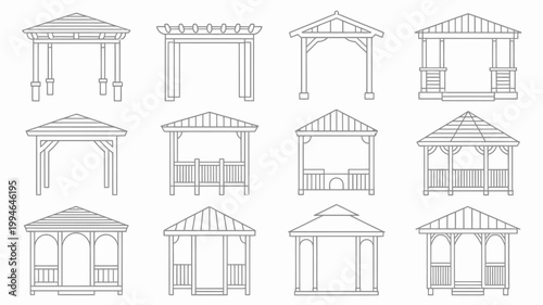 A collection of line art illustrations depicting various gazebo and pergola designs in a symmetrical grid arrangement high quality professional detailed modern elegant stylish clean crisp