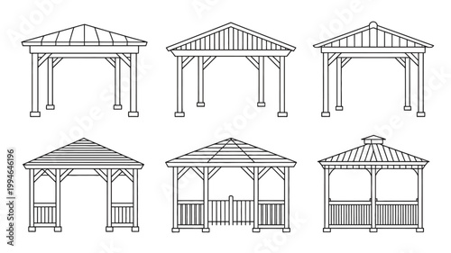 A collection of six linear gazebo designs are displayed showcasing varying roof styles and structural frameworks in a simple illustration high quality professional detailed modern elegant
