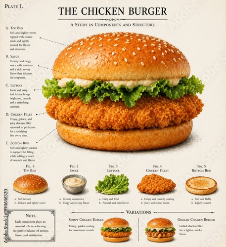  Hamburguesa de pollo crujiente con lechuga y pan con ingredientes explicados en estilo plano,  
