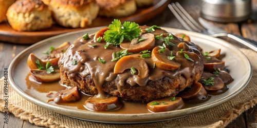 Tender Salisbury steak served on a plate with rich savory mushroom gravy and toasted bread crumbs
