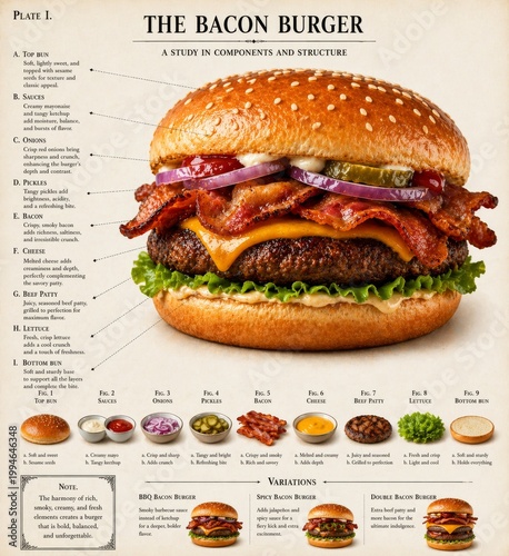  Hamburguesa con bacon, queso y carne con esquema detallado en estilo plano,  