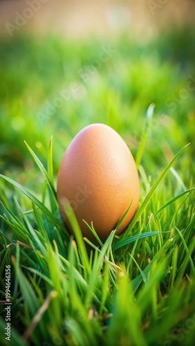 A small brown egg gently placed on a lush green grass with a few blades swaying in the breeze