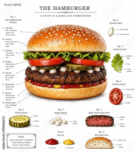  Hamburguesa clásica con ingredientes explicados en estilo plano, ilustración vectorial.
