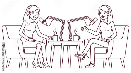 Outline drawing two women podcasting interview with microphones and headphones.
