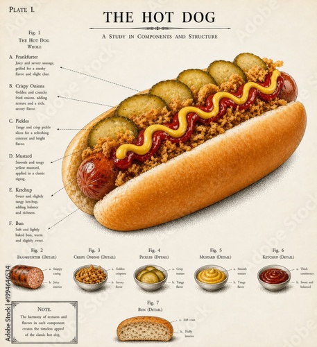  Hot dog con salchicha y salsas mostrando componentes en estilo plano, ilustración vectorial.
