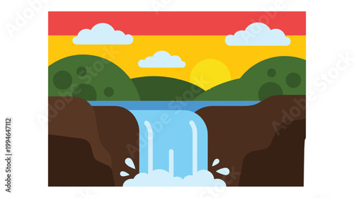 Vibrant waterfall sunset illustration with mountains and lush forest.