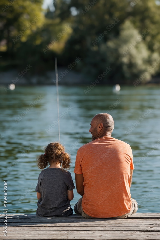 Fototapeta premium Man and child fishing while sitting on dock by lake in sunlight